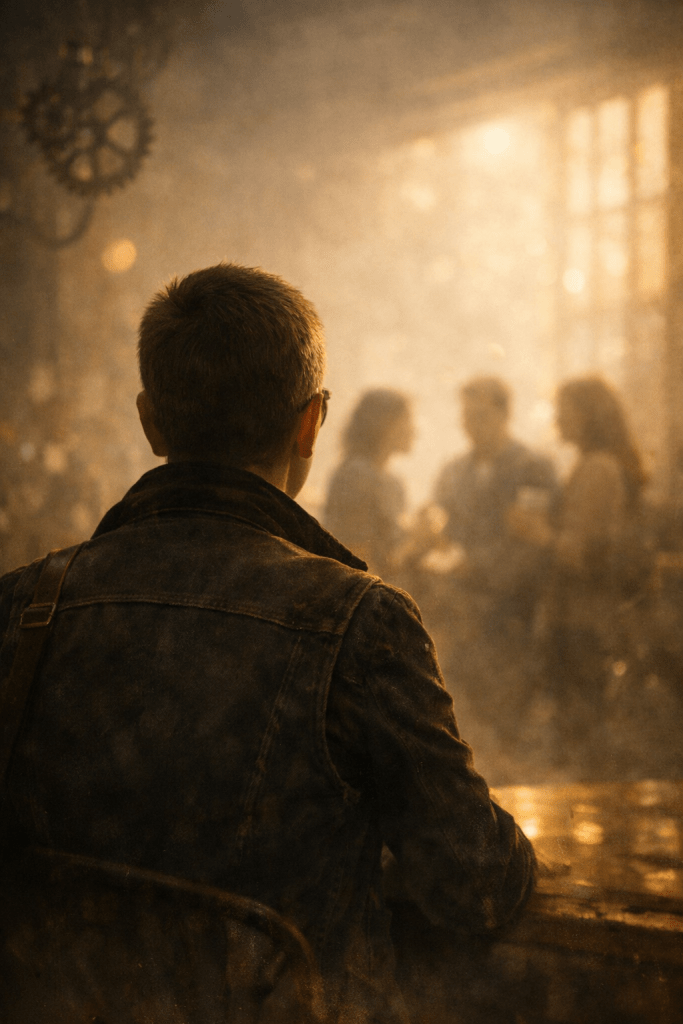 A figure seen from behind, looking at a small group of people in soft light. The energy of observing.