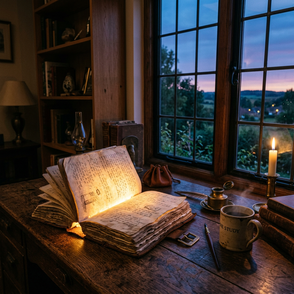 Open old manuscript glowing on a wooden desk beside a candle and a mug near a window at dusk