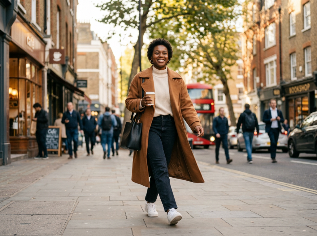 Woman in brown coat walking on city sidewalk with coffee cup